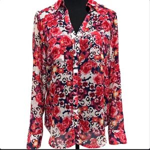 Express Floral Red and Pink Semi Sheer Women's Blouse Size Small